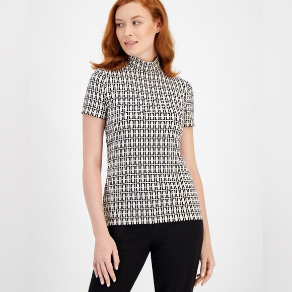 Anne Klein 🟣 EUC Size Small Chainlink Mock Neck Knit Top in Black/"Anne White" - Picture 1 of 10